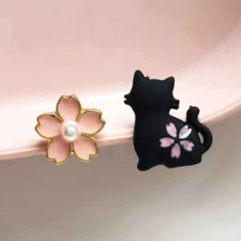 Asymmetrical Black‎ Cat and Flower Earrings